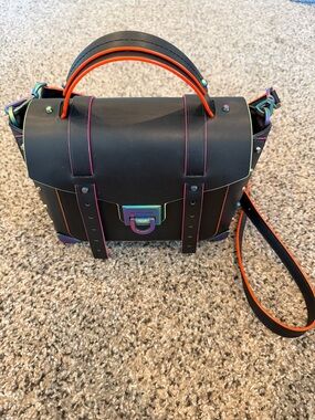 Michael Kors Black Leather Satchel with Rainbow Hardware and Neon Trim